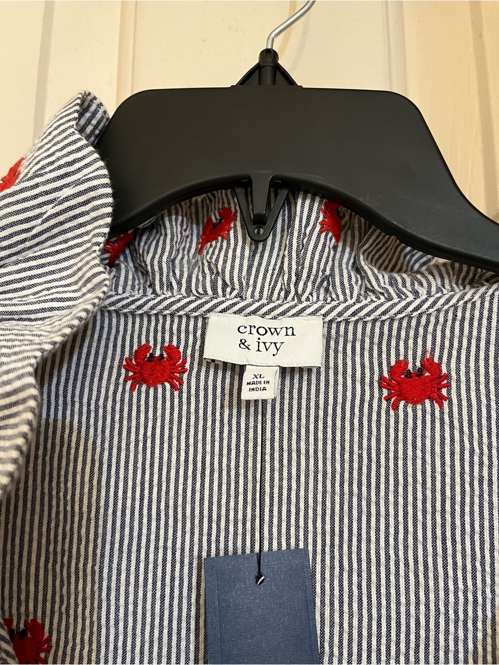 crown & ivy Navy and White Striped Sleeveless Dress with Red Crab Embroidery - Picture 4 of 7